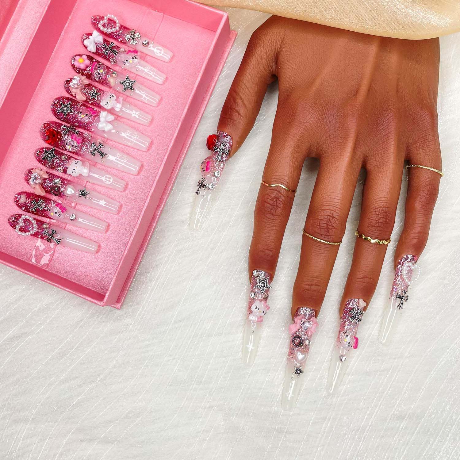 Gddsha 2025 10PCS Long Novel Design And Reusable Handmade Nails 10PCS Pmma Acrylic Nails Press OnNails Kit With Box Gifts For Women,Pink Mirage