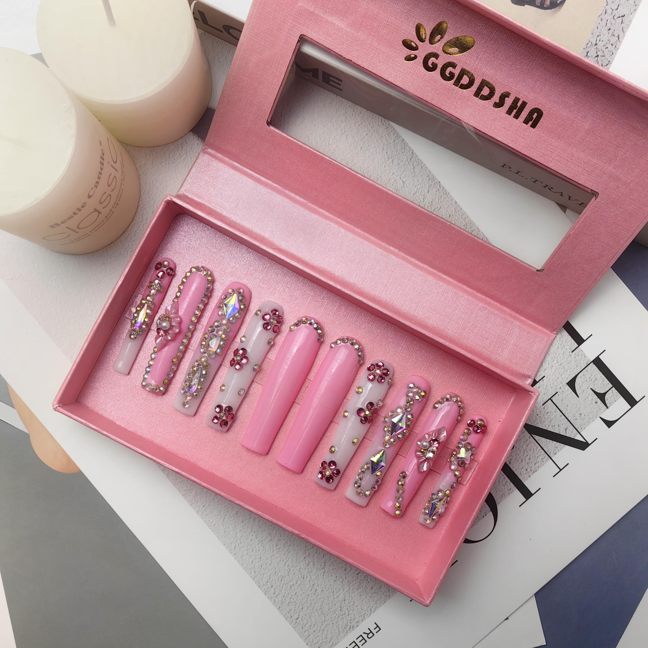 GGddsha 2025 Long Novel Design And Reusable Handmade Nails 10PCS Pmma Acrylic Nails Press OnNails Kit With Box Gifts For Women,Rose Bloom
